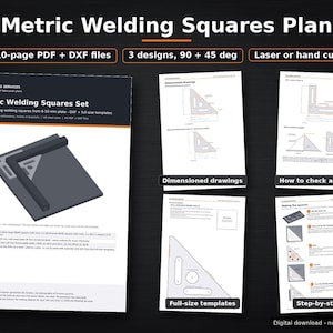 Op de afbeelding: Een digitaal document getiteld Metric Welding Squares Plan met een 10-pagina PDF en DXF-bestanden voor 90 en 45 graden laswinkels. De pagina's bevatten maattekeningen, instructies voor het controleren van een winkelhaak, sjablonen op ware grootte en stapsgewijze handleidingen voor laser- of handmatig snijden uit 8-10 mm plaat.