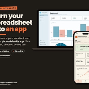 May include: A digital download advertisement featuring a laptop and smartphone displaying financial dashboard interfaces. Text reads: Turn your spreadsheet into an app, Claude reads your workbook and builds a phone-friendly app, Phone + laptop, No coding, No monthly fees, AI Creators' Workshop.