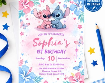 Zaproszenie urodzinowe Stitch and Angel, edytowalne zaproszenie na przyjęcie Stitch dla dziewczynek, drukowane zaproszenie Stitch, szablon Canva, różowo-niebieskie urodziny