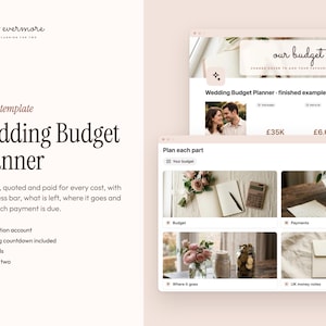 Op de afbeelding: Een digitale Notion-sjabloon voor een huwelijksbudgetplanner met tekstkoppen, een lijst met functies en screenshots van een interface voor budgetbeheer, met secties voor kostenplanning, betalingen en budgettracking met afbeeldingen van briefpapier en geld.