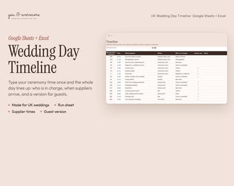 Modello di cronologia per il giorno del matrimonio nel Regno Unito, foglio di lavoro per il matrimonio, itinerario del matrimonio, ordine del giorno, programma dei fornitori, Fogli Google ed Excel