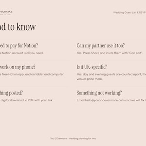 Pu&ograve; includere: Un foglio informativo digitale rosa chiaro intitolato Good to know per un modello Notion di lista degli invitati e RSVP per matrimoni. Include FAQ sui requisiti dell'account Notion, compatibilit&agrave; mobile, conteggio ospiti e supporto.