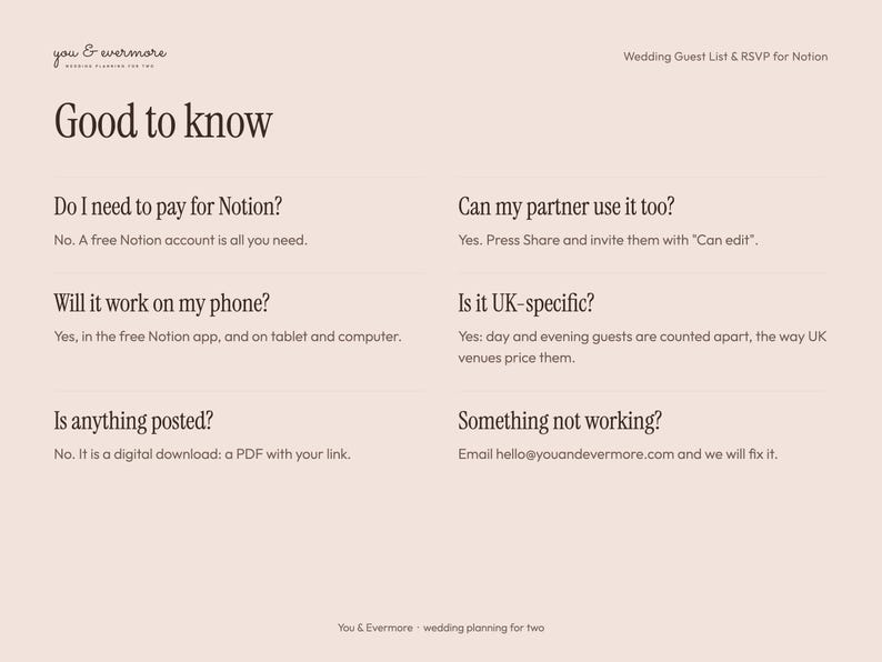 Pu&ograve; includere: Un foglio informativo digitale rosa chiaro intitolato Good to know per un modello Notion di lista degli invitati e RSVP per matrimoni. Include FAQ sui requisiti dell'account Notion, compatibilit&agrave; mobile, conteggio ospiti e supporto.