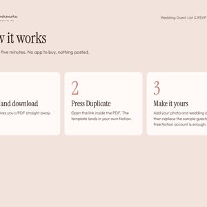 Pu&ograve; includere: Una grafica digitale rosa chiaro con le istruzioni per un modello Notion per liste di invitati e RSVP di matrimoni. Il testo recita: How it works, Ready in five minutes. No app to buy, nothing posted. 1 Buy and download, 2 Press Duplicate, 3 Make it yours.