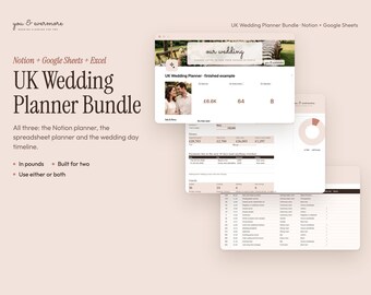 UK Wedding Planner Bundle, Notion Template and Google Sheets, Wedding Budget, Guest List, Seating Plan, Day Timeline