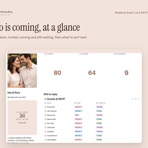 Pu&ograve; includere: Un'interfaccia di modello Notion intitolata You & Evermore Wedding Guest List & RSVP. Mostra un conto alla rovescia per il matrimonio, statistiche degli ospiti e una tabella che elenca nomi, partner e stato dell'invito per un matrimonio il 26 giugno 2027.
