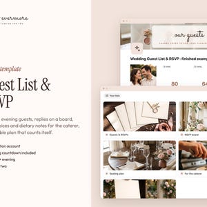 Pu&ograve; includere: Un modello digitale Notion per l'organizzazione di matrimoni intitolato Guest List & RSVP. L'interfaccia mostra sezioni per liste degli invitati, bacheche RSVP, piani dei tavoli e note per il catering, con toni beige e immagini a tema nuziale.