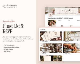 Wedding Guest List Template Notion UK, Guest List Tracker, RSVP Tracker, Wedding RSVP Form, Seating Chart, Day and Evening Guests