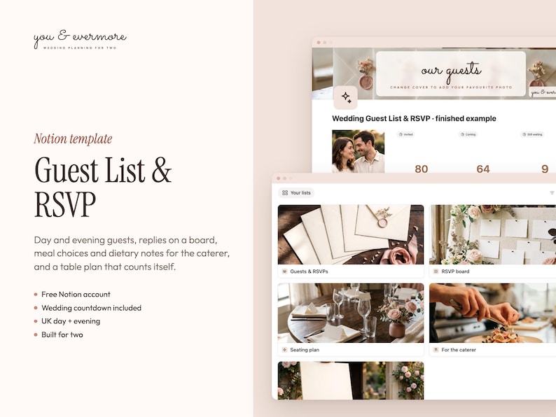 Pu&ograve; includere: Un modello digitale Notion per l'organizzazione di matrimoni intitolato Guest List & RSVP. L'interfaccia mostra sezioni per liste degli invitati, bacheche RSVP, piani dei tavoli e note per il catering, con toni beige e immagini a tema nuziale.