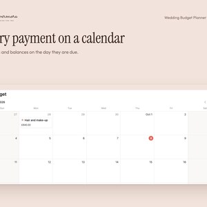 Op de afbeelding: Een digitale huwelijksbudgetplanner-interface voor Notion op een lichte achtergrond. Het scherm toont een kalenderweergave voor oktober 2026 met een geplande betaling voor haar en make-up van &pound;640.00. De tekst bevat you & evermore, Wedding Budget Planner for Notion, Every payment on a calendar, en Deposits and balances on the day they are due.