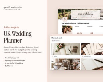 Può includere: Un modello digitale Notion per un organizzatore di matrimoni nel Regno Unito con dashboard, conto alla rovescia, budget, lista degli invitati e gestione dei fornitori. L'interfaccia mostra testo come you & evermore e UK Wedding Planner.