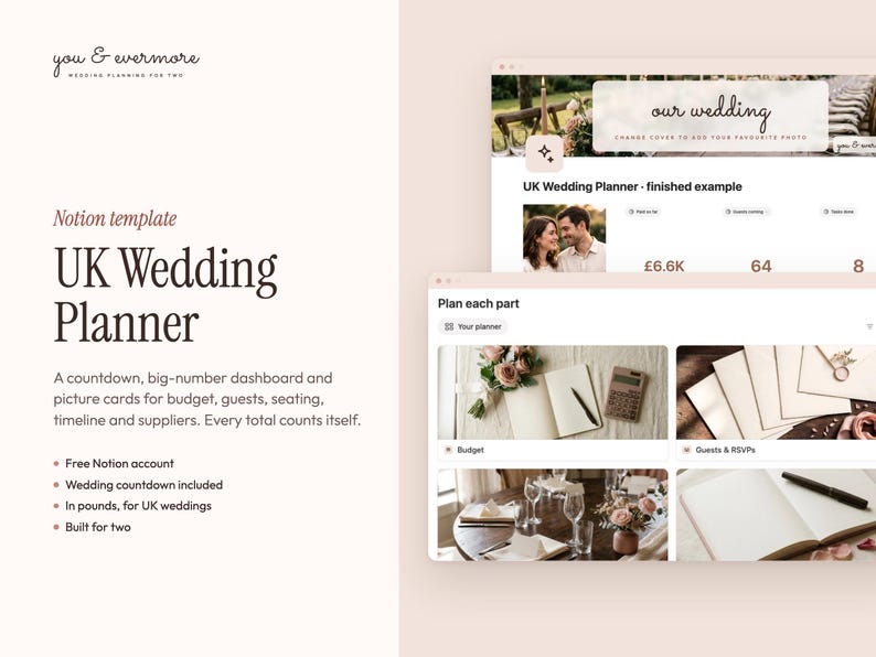 Notion Wedding Planner Template UK, Digital Wedding Planner, Budget Tracker, Guest List, Seating Chart, Wedding Checklist and Timeline image 1