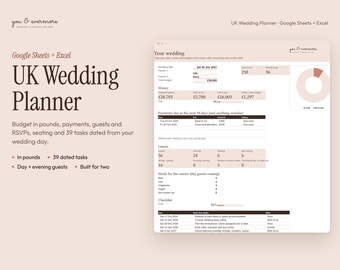 Foglio di calcolo per l'organizzazione di matrimoni nel Regno Unito, compatibile con Google Sheets ed Excel, strumento per il monitoraggio del budget, lista degli invitati, conferma di partecipazione, disposizione dei posti a sedere, lista di controllo per il matrimonio.
