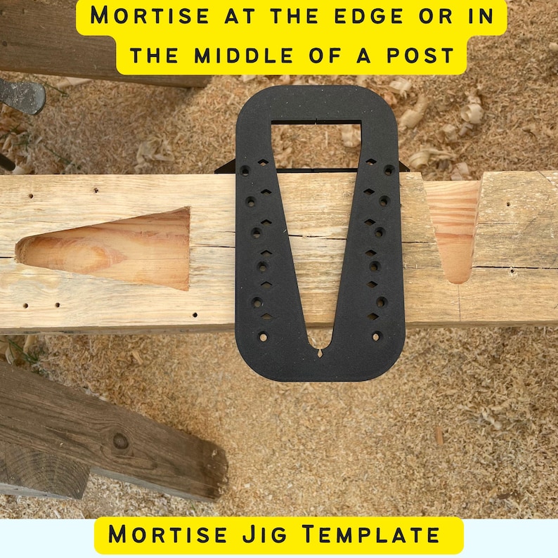 May include: A black mortise jig template with a cutout for a mortise. The template is placed on a wooden beam with two mortises already cut. The text "MORTISE AT THE EDGE OR IN THE MIDDLE OF A POST" is above the template and the text "MORTISE JIG TEMPLATE" is below the template.