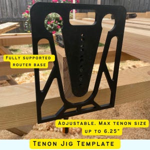 May include: A black plastic jig template for creating tenon joints. The jig has a fully supported router base and is adjustable to create tenons up to 6.25 inches in size. The text "FULLY SUPPORTED ROUTER BASE" and "ADJUSTABLE. MAX TENON SIZE UP TO 6.25" is printed on the jig. The text "TENON JIG TEMPLATE" is printed below the jig.