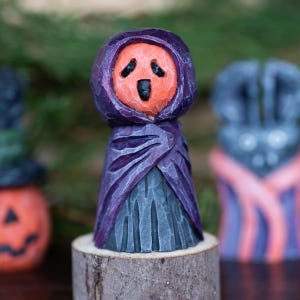 Wood Carved Pumpkin Head Spooky Ghost - Hand Carved Witch in a Cloak -  Folk Art Ornament - Wood Hand Carving for Halloween