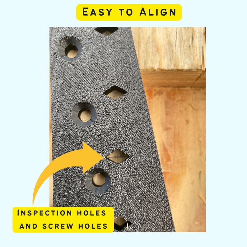 May include: Close-up of a black plastic bracket with inspection holes and screw holes. The holes are aligned in a vertical row. The text "EASY TO ALIGN" is visible at the top of the image.