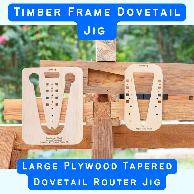 text "timber frame dovetail jig large plywood tapered dovetail router jig" with a photo of a mortise and tenon jig for timber framed floor joists