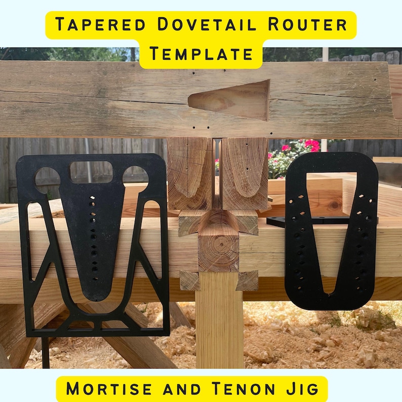 May include: Tapered dovetail router template jig for mortise and tenon joinery. The jig is made of black plastic and has a dovetail shape. The jig is used to create a tapered dovetail joint, which is a strong and decorative joint.