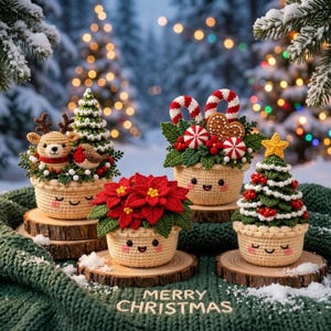 May include: Four crocheted amigurumi planters with smiling faces, featuring a reindeer, a poinsettia, candy canes, and a Christmas tree. Each sits on a wooden slice atop a green knit fabric with the text Merry Christmas embroidered.