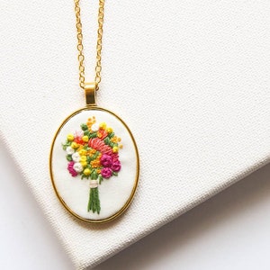 Handmade Vibrant Bouquet Necklace, Unique Embroidered Statement Jewelry, Boho Embroidery Jewelry, Personalized Gift, Mother's Day Gift