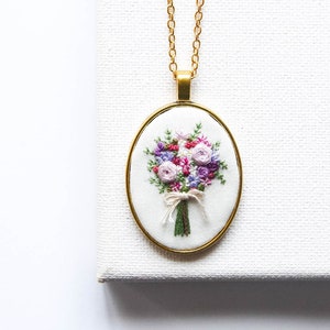 Hand Embroidered Bouquet Necklace, Floral Embroidery Pendant Jewelry, Personalized Bridesmaid Gift, Mother's Day Gift