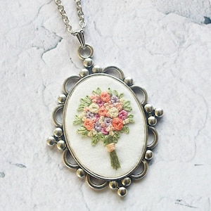 Handmade Flower Silver Necklace, Mother's Day Gift for Her, Unique Embroidered Floral Jewelry, Bridesmaid Gift image 4