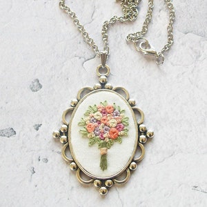 Hand Embroidered Bouquet Necklace, Vintage Inspired Embroidery Pendant, Bridesmaid Gift, Gift for Mom, Cotton Anniversary Gift for Her