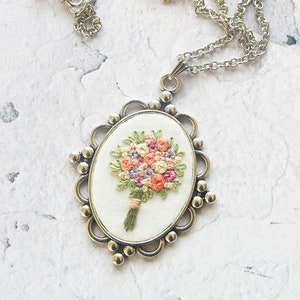 Handmade Flower Silver Necklace, Mother's Day Gift for Her, Unique Embroidered Floral Jewelry, Bridesmaid Gift image 3
