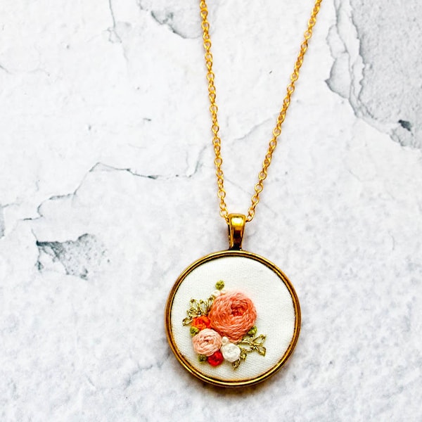 Hand Embroidered Peach Flowers Pendant Necklace, Personalized Embroidery Jewelry, Floral Fiber Art Gift for Mom, Sister, Wife