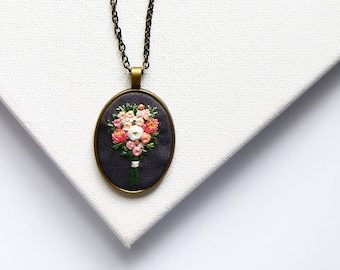 Embroidered Flower Bouquet Necklace, Brass Gold Silver Statement Pendant, Handmade Florals Embroidery Jewelry, Gift for Wife, Gift for Her