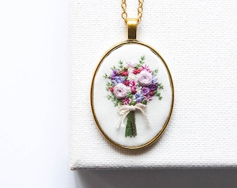 Embroidered Bouquet Necklace, Violet Flowers Embroidery Pendant, Personalized Bridesmaid Gift, Mother's Day Gift, Wedding Anniversary