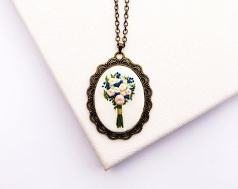 Something Blue Hand Embroidered Bouquet Wedding Necklace, Gold Statement Flower Embroidery Pendant, Bridal Jewellery, Christmas Gift