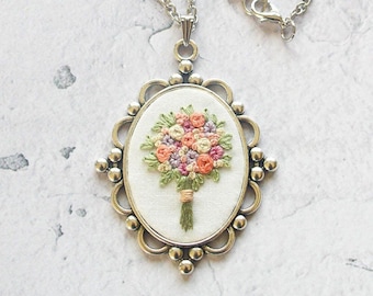 Handmade Flower Silver Necklace, Mother's Day Gift for Her, Unique Embroidered Floral Jewelry, Bridesmaid Gift