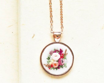 Embroidered Protea and Rose Flowers Necklace, Unique Handmade Floral Jewelry, Spring Summer Wedding Pendant, Custom Mother's Day Gift