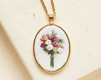 Hand Embroidered Bouquet Necklace, Custom Flowers Embroidery Pendant, Personalized Handmade Jewelry Gift, Mother's Day Gift for Sister