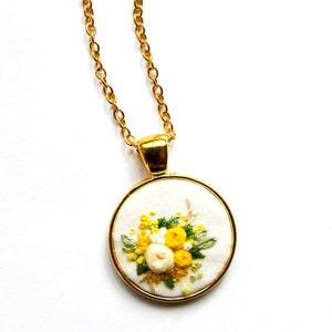 Unique Hand Embroidered Yellow Rose Necklace Spring Flower Embroidery Pendant Nature Inspired Gift for Mom Bridesmaid Gift image 2