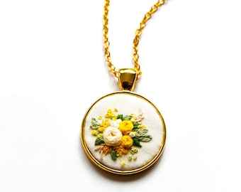 Unique Hand Embroidered Yellow Rose Necklace - Spring Flower Embroidery Pendant - Nature Inspired Gift for Mom - Bridesmaid Gift