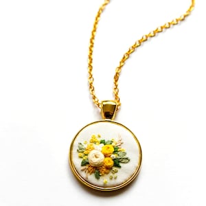 Unique Hand Embroidered Yellow Rose Necklace Spring Flower Embroidery Pendant Nature Inspired Gift for Mom Bridesmaid Gift image 1