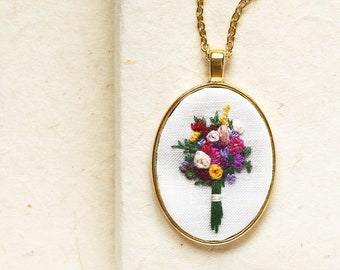 Unique Hand Embroidered Flower Bouquet Necklace, Mother's Day Gift, Spring Summer Floral Pendant, Wedding Bridesmaid Jewelry