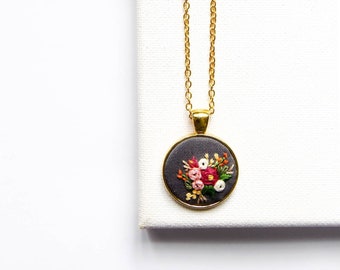 READY TO SHIP: Hand Embroidered Wildflowers Necklace, Boho Embroidery Round Pendant Statement Jewelry, Mother's Day Gift