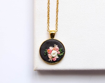 Unique Pink Peach Embroidered Flowers Necklace, Tiny Floral Embroidery Pendant, Dainty Handmade Textile Jewelry, Gift for Sister, Mom Gift