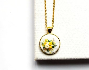 Embroidered Yellow Flower Necklace, Cozy Gifts for Bridesmaids, Textured Embroidery Pendant, Long Statement Necklace, Wearable Fiber Art