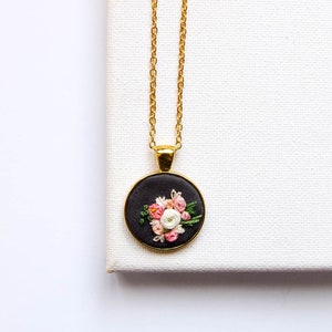 Unique Pink Peach Embroidered Flowers Necklace, Tiny Floral Embroidery Pendant, Dainty Handmade Textile Jewelry, Gift for Sister, Mom Gift image 1