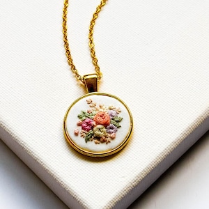 Dainty Embroidered Necklace, Tiny Flowers Embroidery Pendant, Vintage Inspired Handmade Jewelry, Bridesmaid Proposal Gift, Birthday Gift image 2