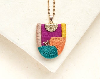 Hand Embroidered Long Pendant Necklace, Colorful Abstract Geometric Wearable Art, Unique Handmade Statement Jewelry, Modern Fiber Art