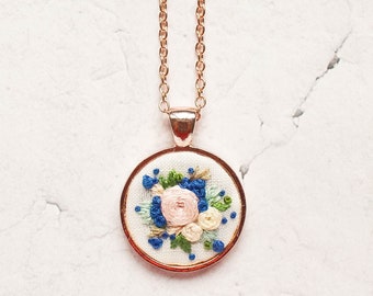 Something Blue Embroidered Flower Necklace, Unique Handmade Jewelry Embroidery, Mother's Day Gift for Wife, Personalized Bridesmaid Gift