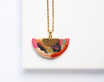 Hand Painted and Embroidered Abstract Geometric Necklace, Colorful Wearable Art, Birthday Gift for Her, For Artsy Friend, Mother's Day Gift