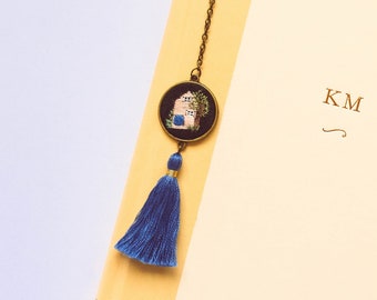 Embroidered Blue and Peach House Bookmark, Cottage Embroidery Book Accessory, Key and Tassel Book Charm, Gift for Her, Gift Under 30