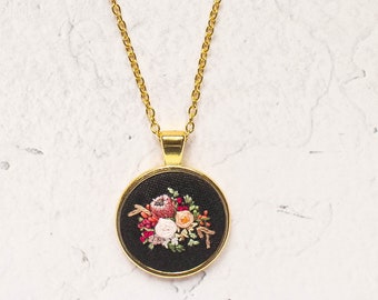 Embroidered Boho Inspired Floral Necklace, Handmade Personalized Jewelry, Gold Pendant, Mother's Day Gift, Anniversary Gift for Wife